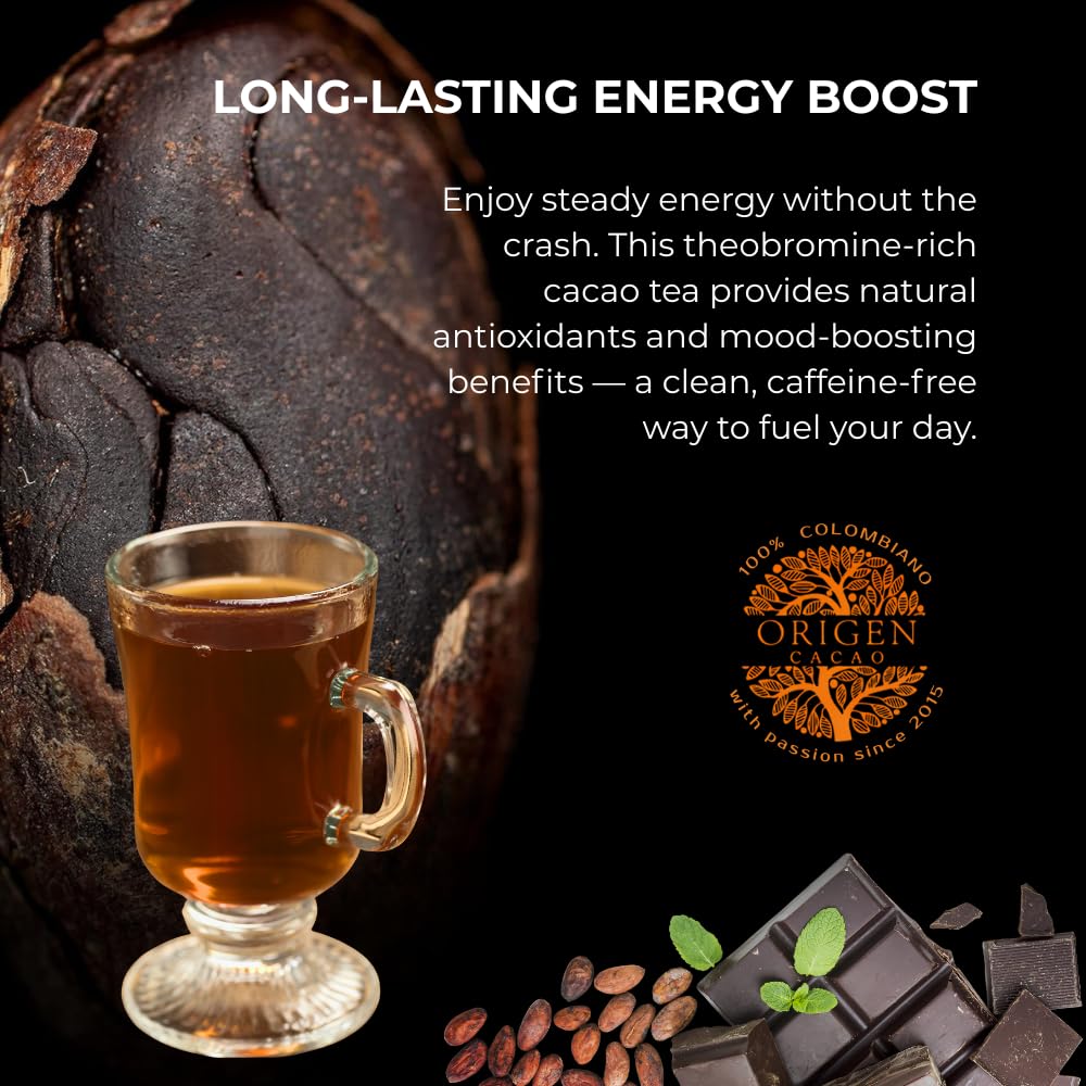 Origen Cacao Husk Tea with theobromine energy contrasts coffee without jitters.