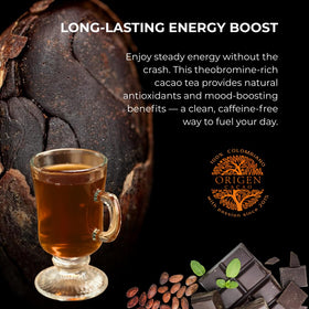 Origen Cacao Husk Tea with theobromine energy contrasts coffee without jitters.