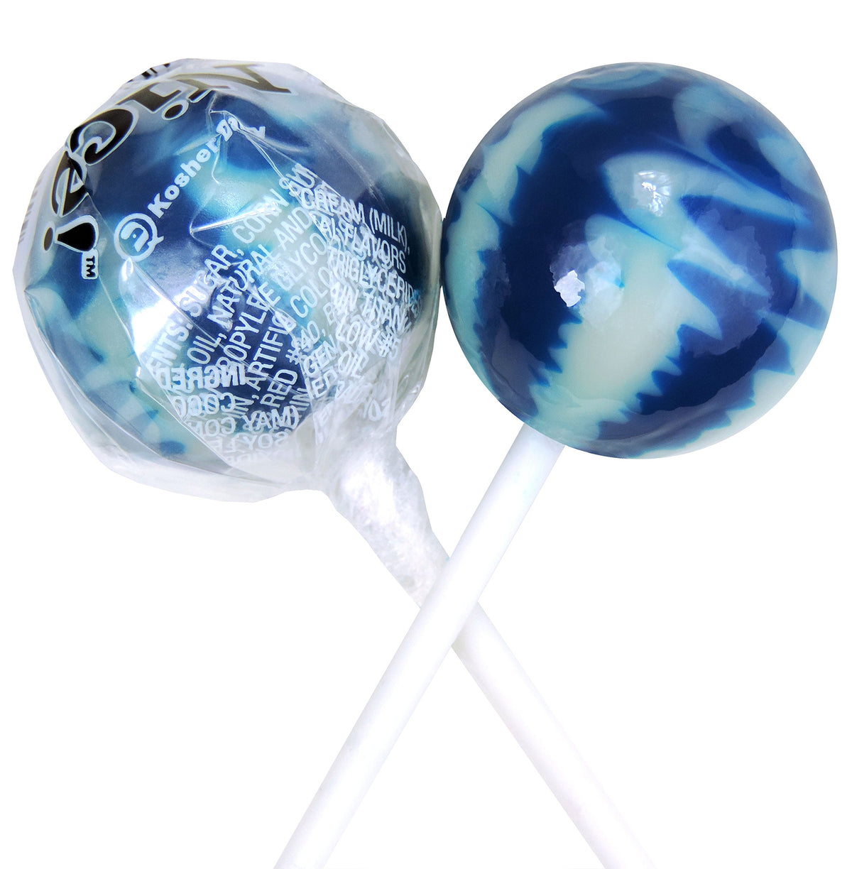 Original Gourmet Blueberries & Cream lollipop close-up, creamy swirl, dessert alternative