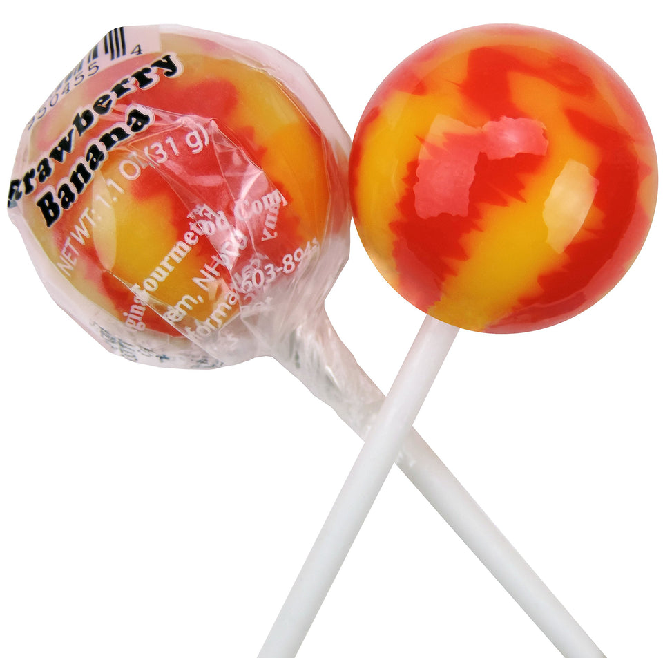 Original Gourmet Strawberry Banana lollipops pack front, ideal for parties and gifting.