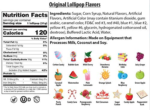 Original Gourmet Wild Cherry Lollipop Bag ingredients and certifications visible