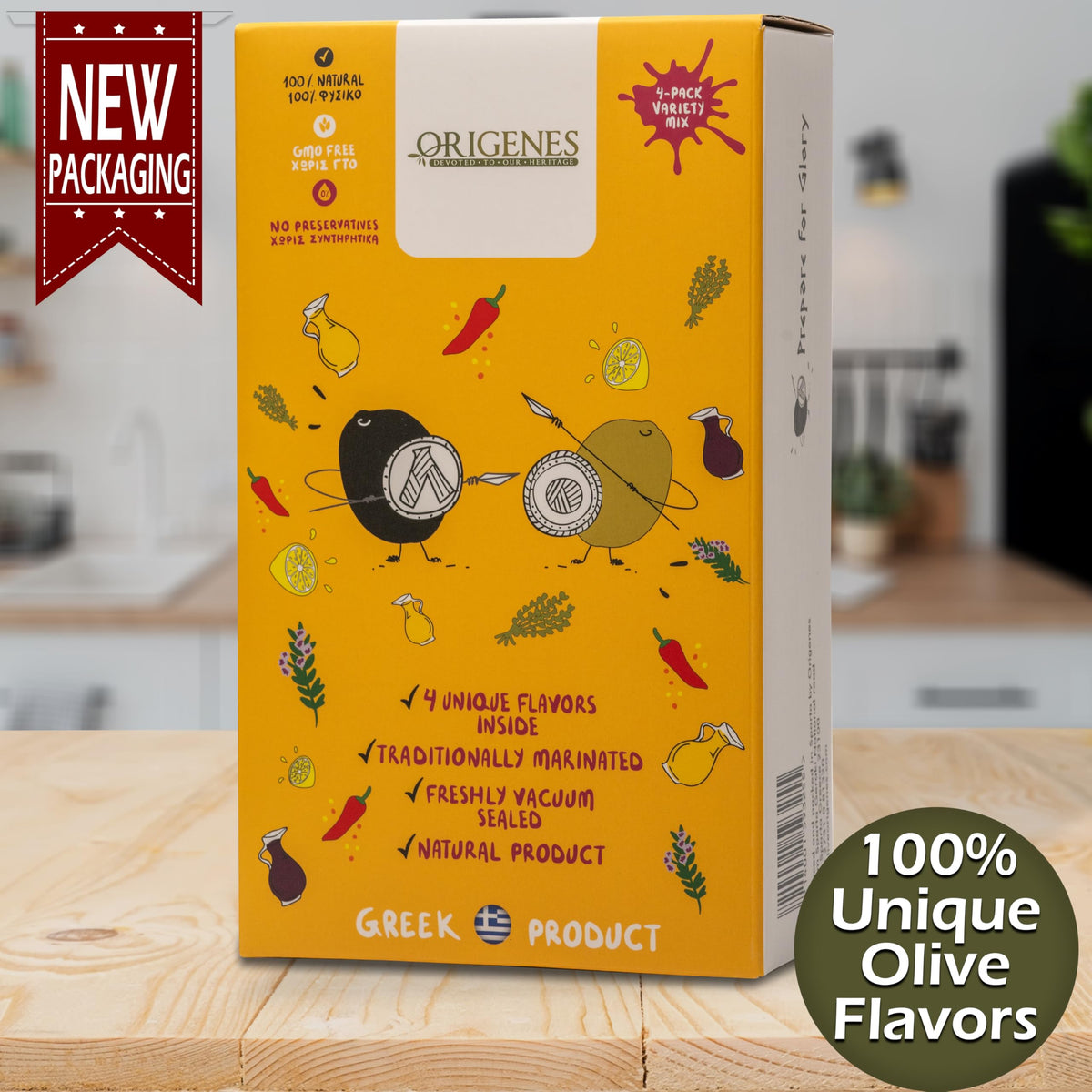ORIGENES Kalamon olives oregano red wine vinegar pack close-up; boosts Greek flavor in salads.