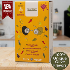 ORIGENES Kalamon olives oregano red wine vinegar pack close-up; boosts Greek flavor in salads.