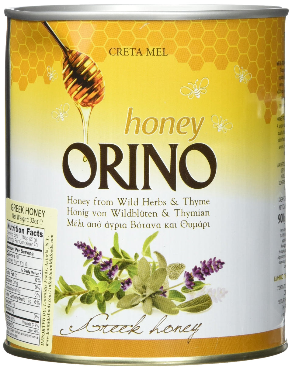 Orino Thyme Honey 900g can label—smooth Crete honey ideal for tea and toast.