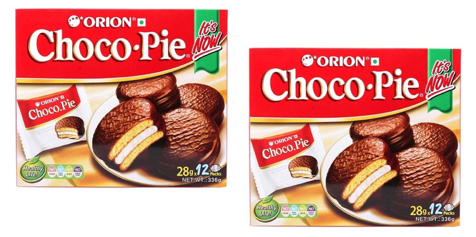 Orion Choco Pie with Marshmallow Cream box hero showing freshness and convenient 2-box packaging.