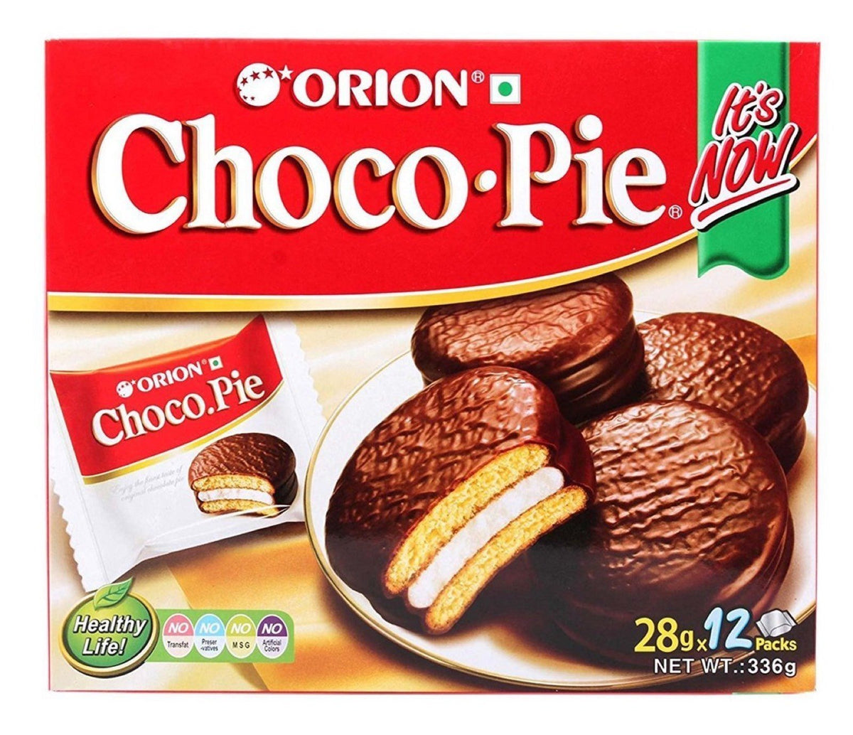 Orion Choco Pie close-up reveals chocolate-coated pies with fluffy marshmallow filling.