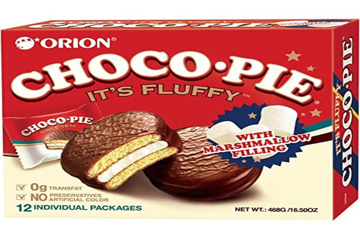 Orion Choco Pie pack: chocolate coated marshmallow with vanilla cream, individually wrapped.