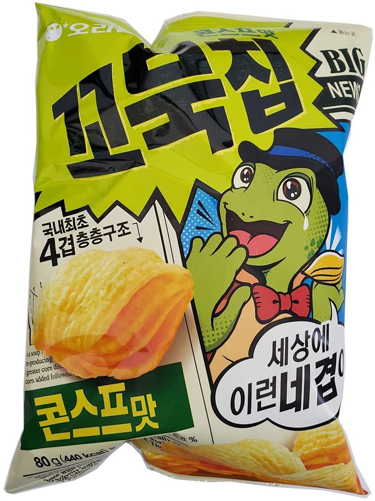 ORION four-layer Turtle Chips corn soup flavor three-pack box, ideal for quick snacking.