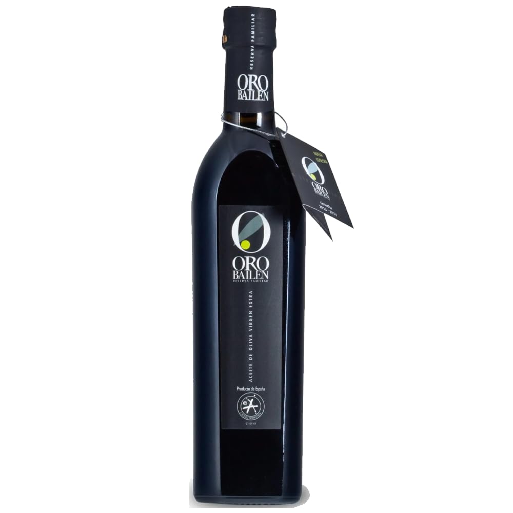 Oro Bailen Reserva Familiar Picual bottle pour with robust peppery finish for dipping