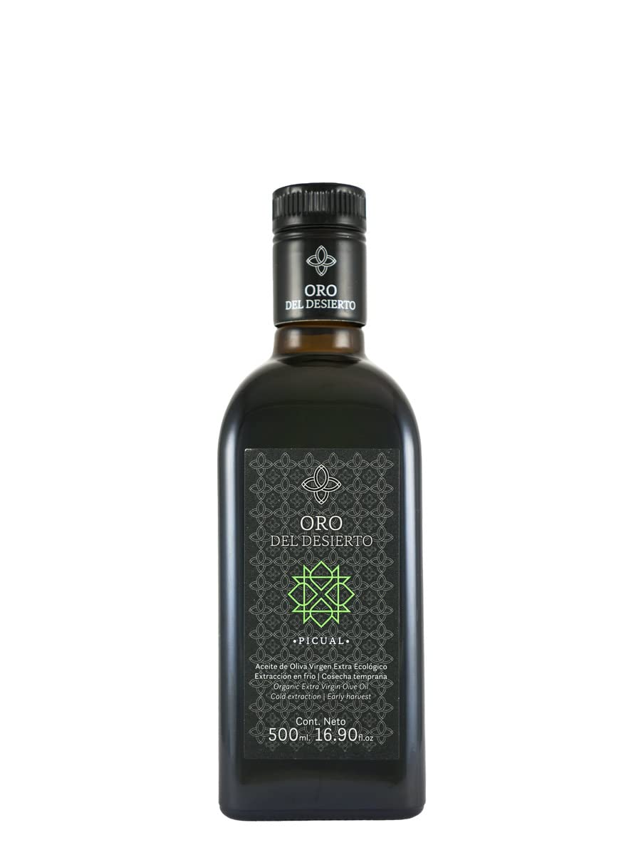 Oro del Desierto Picual olive oil bottle for vibrant flavor in dressings and finishing.