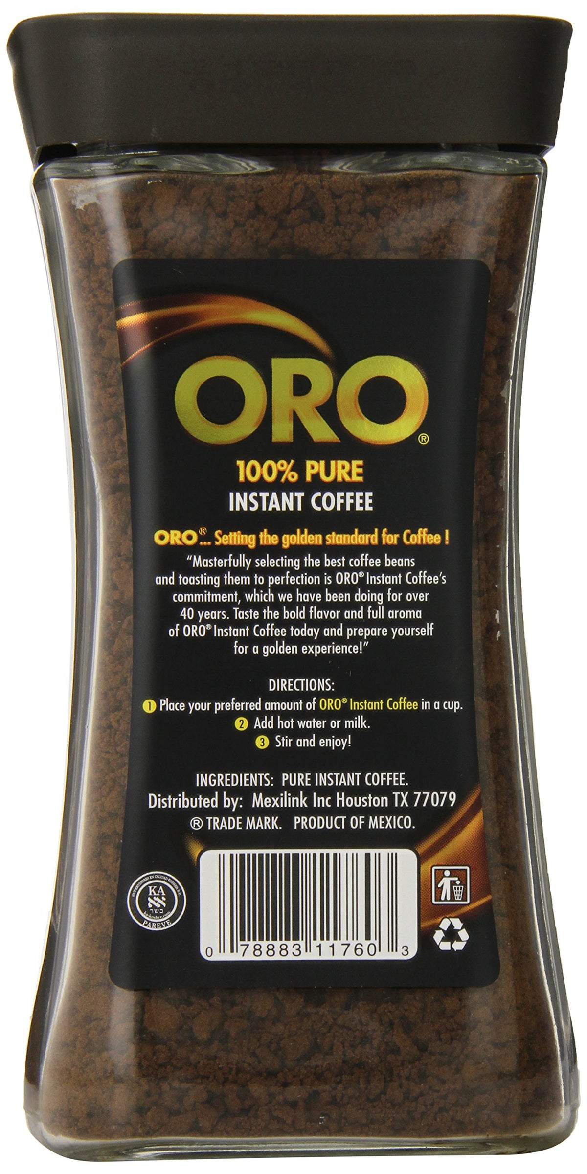 Oro Instant Coffee aroma closeup highlights pure coffee for fast, satisfying cup.