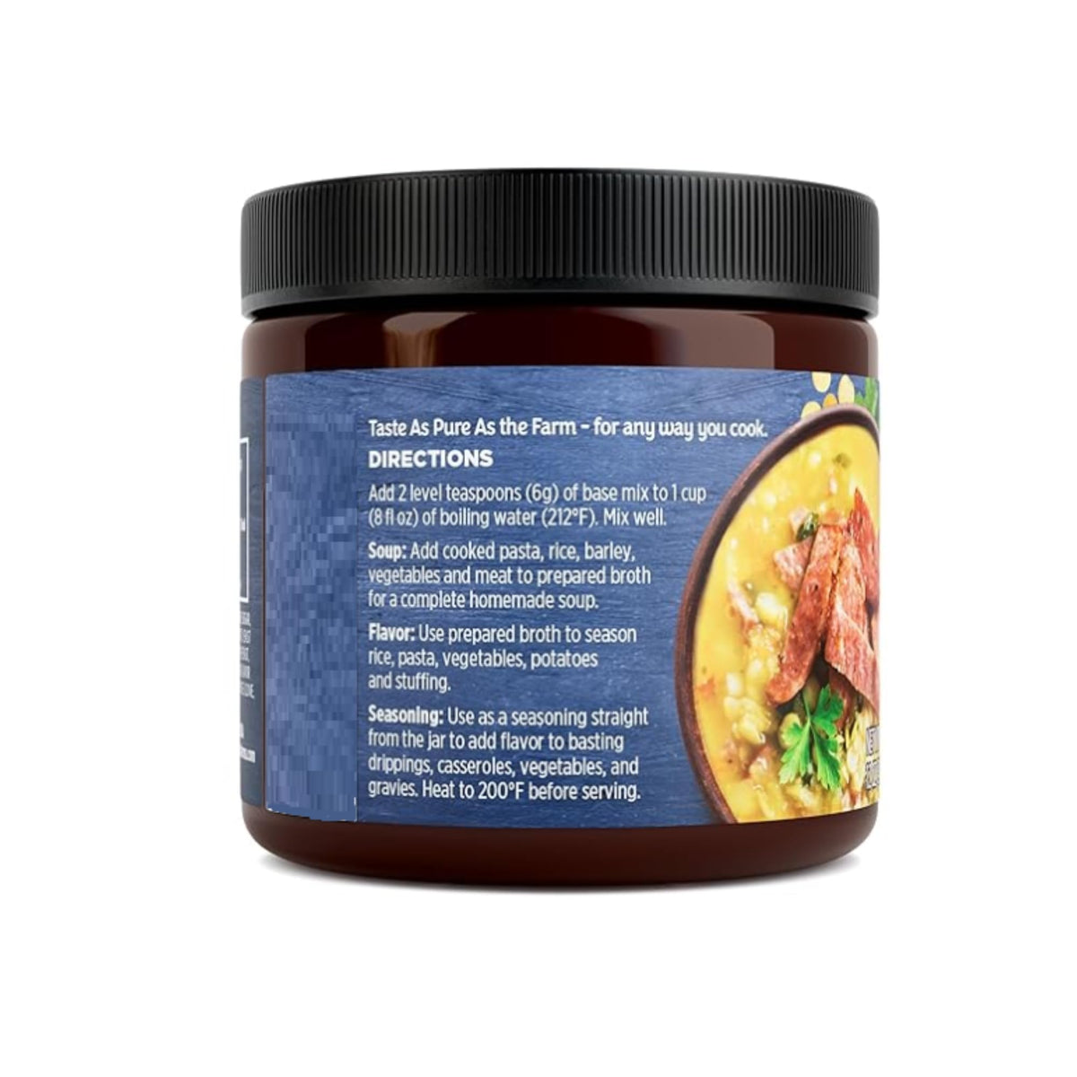 Orrington Farms Ham Base jar back lists ingredients and directions for easy, versatile meal prep.