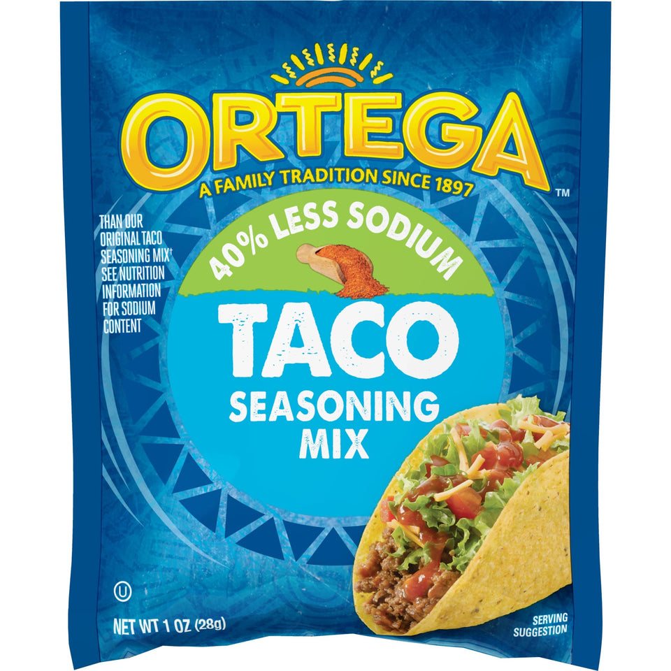 Ortega 40% less sodium taco seasoning packet delivers rich flavor for tacos