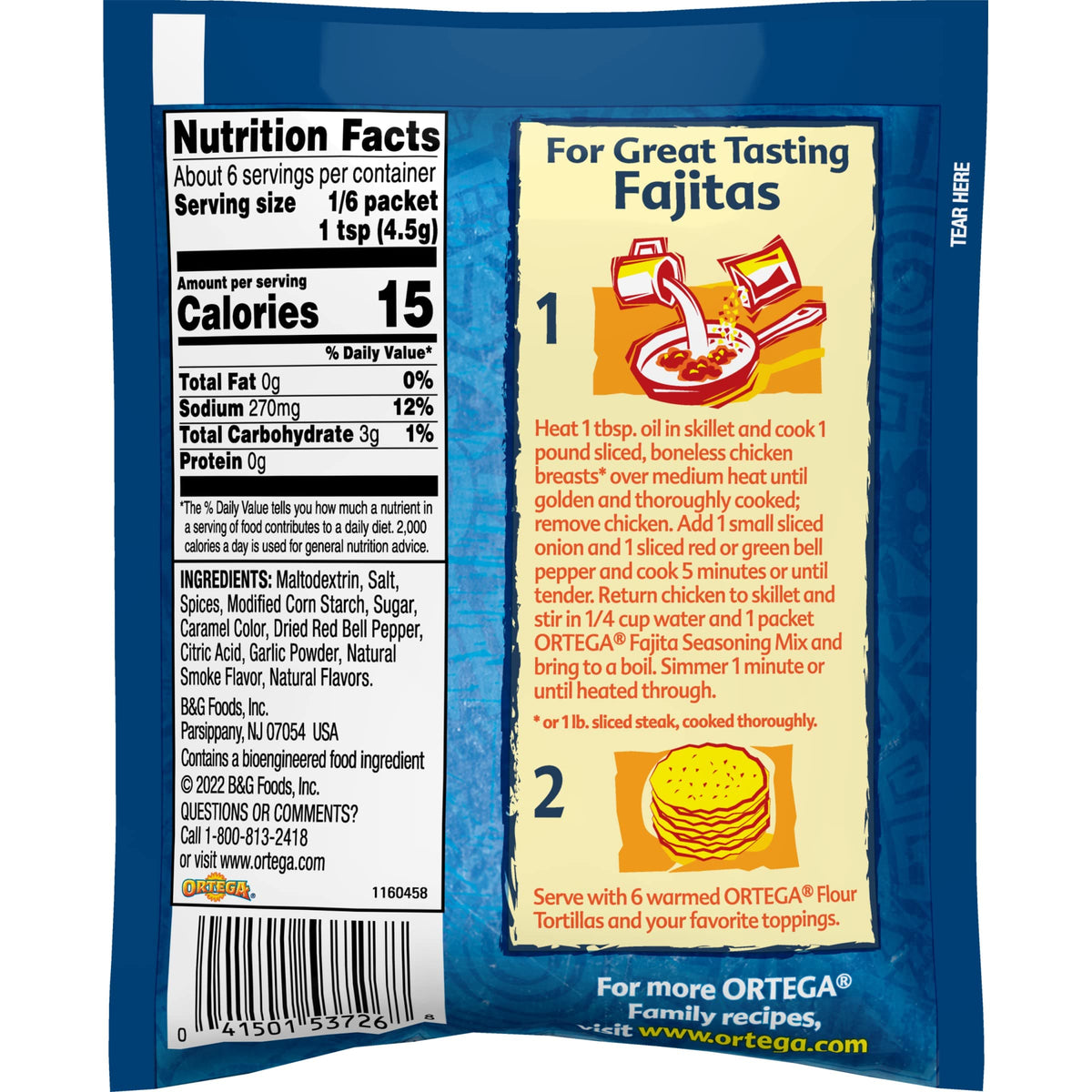 Ortega fajita seasoning packaging with 12-pack packets