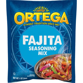 Ortega fajita seasoning packet close-up for authentic fajitas