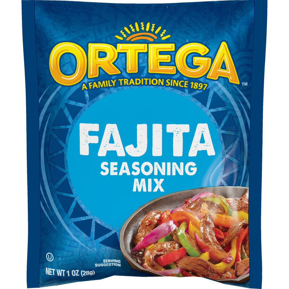 Ortega fajita seasoning packet close-up for authentic fajitas