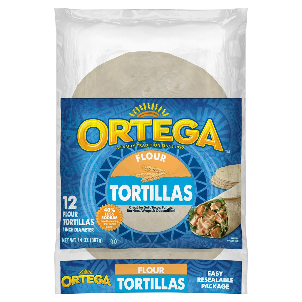 Ortega flour tortillas 6-inch stack in resealable bag for easy storage