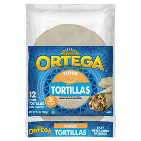 Ortega flour tortillas 6-inch stack in resealable bag for easy storage