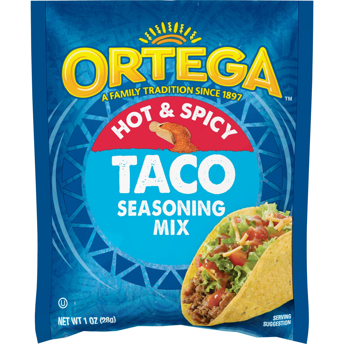Ortega hot taco seasoning pack close-up of spices for authentic flavor