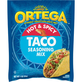 Ortega hot taco seasoning pack close-up of spices for authentic flavor