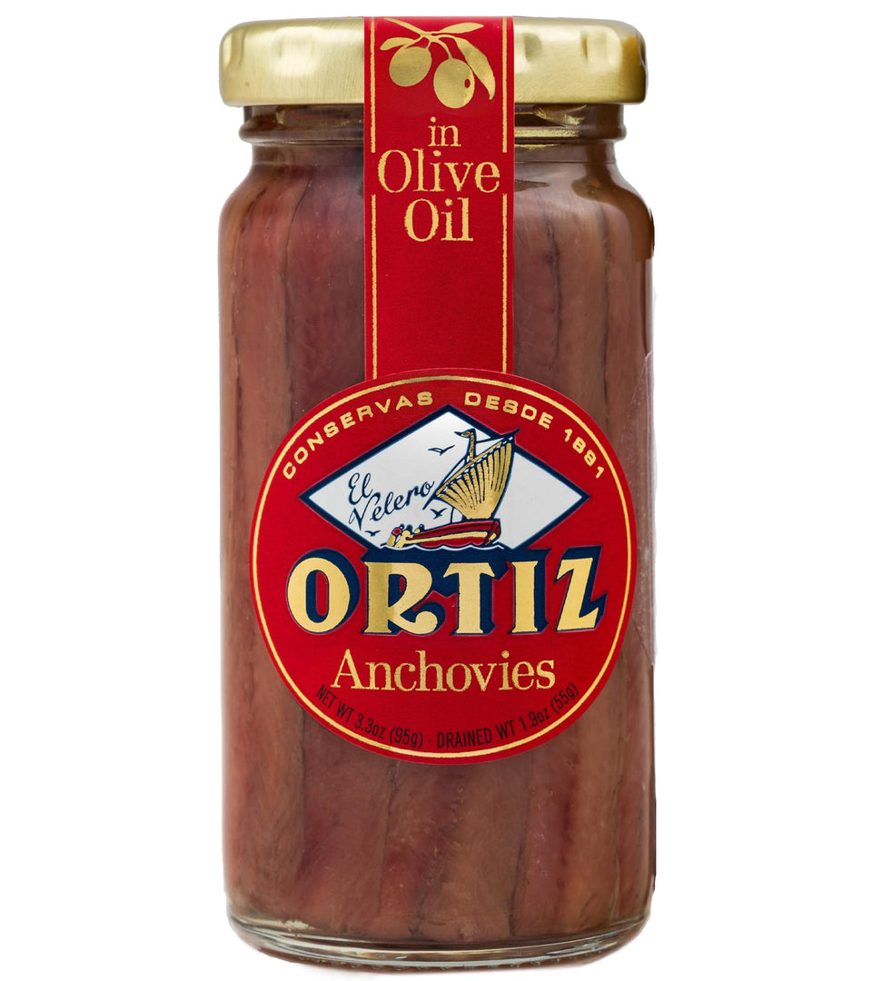 Ortiz anchovies in olive oil glass jar: premium flavor ready for tapas