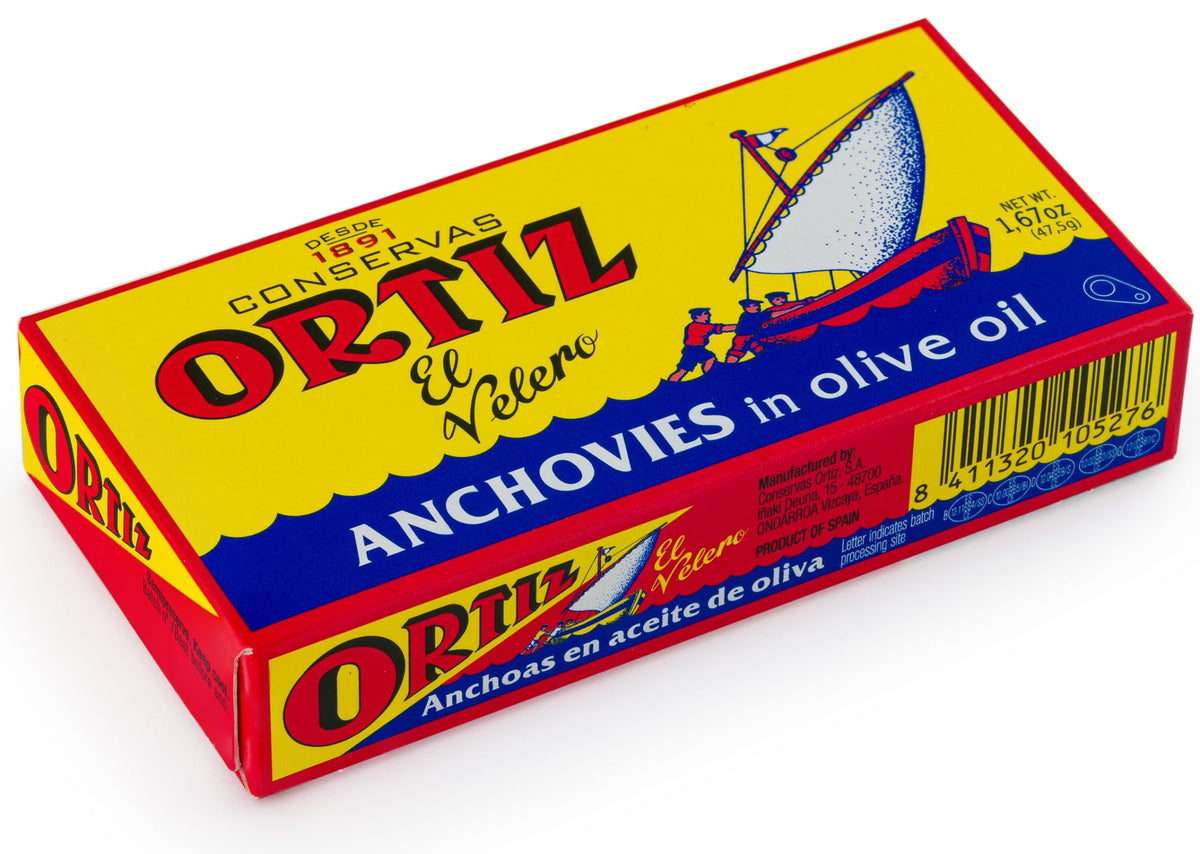Ortiz anchovies in olive oil packaging photo showcases premium quality for the pantry.