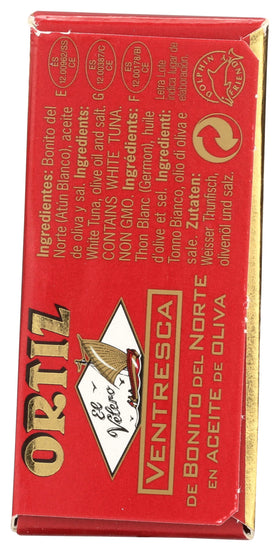 Ortiz ventresca in oil shown open tin layout for ready-to-serve snacks.