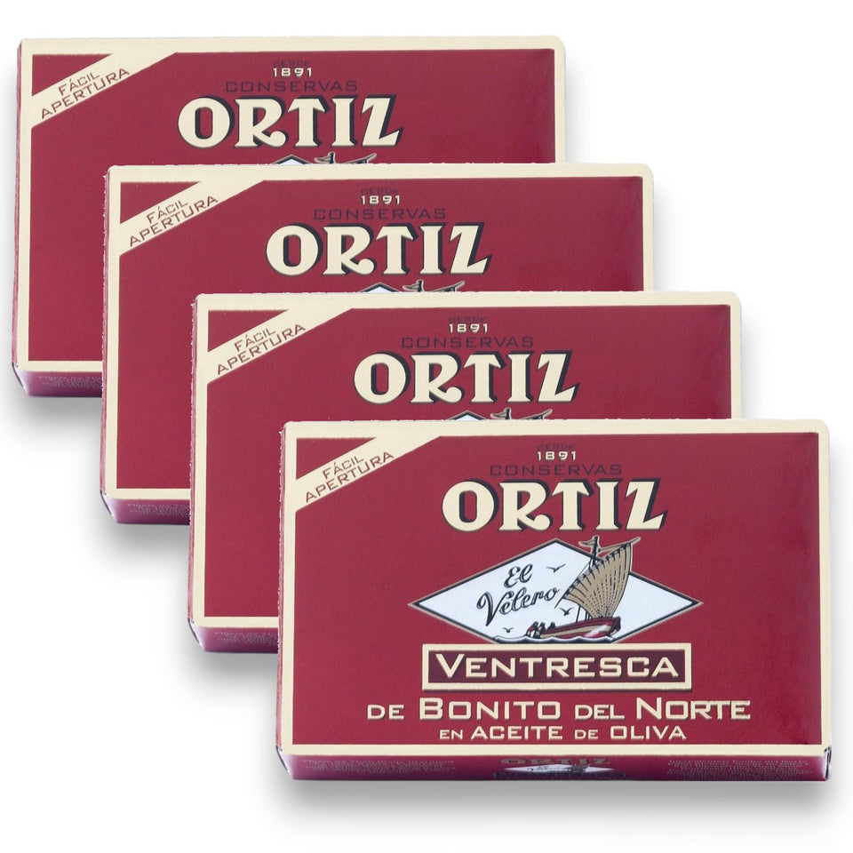 Ortiz Ventresca tin front view shows premium belly tuna in olive oil