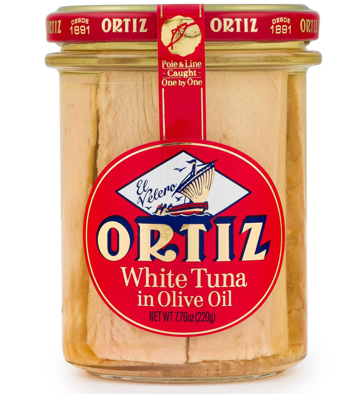 Ortiz white tuna in olive oil jar closeup highlighting premium texture and freshness