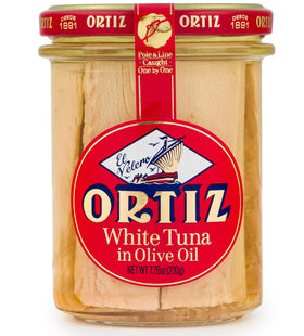 Ortiz white tuna in olive oil jar closeup highlighting premium texture and freshness