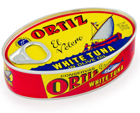 Ortiz white tuna in olive oil close-up highlighting moist texture.