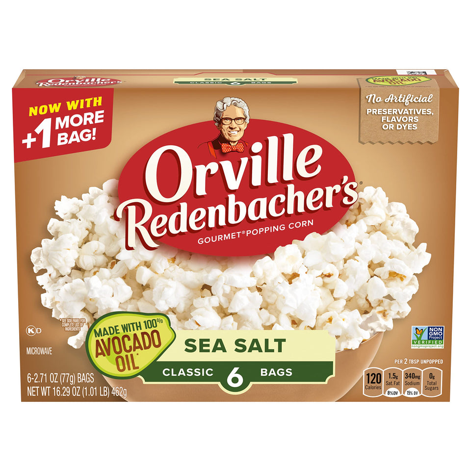 Orville Redenbacher's avocado oil sea salt popcorn bags for microwave snacking