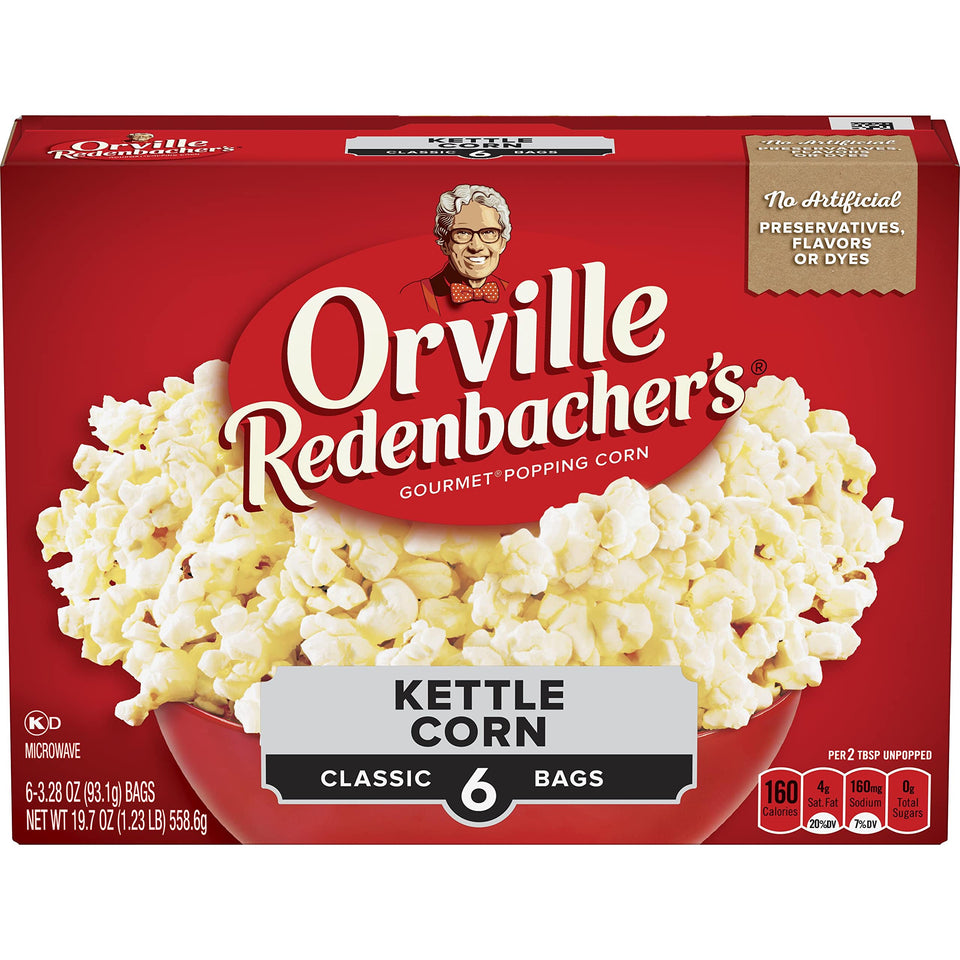 Orville Redenbacher's kettle corn microwave bag ready to pop, premium snack for movie nights