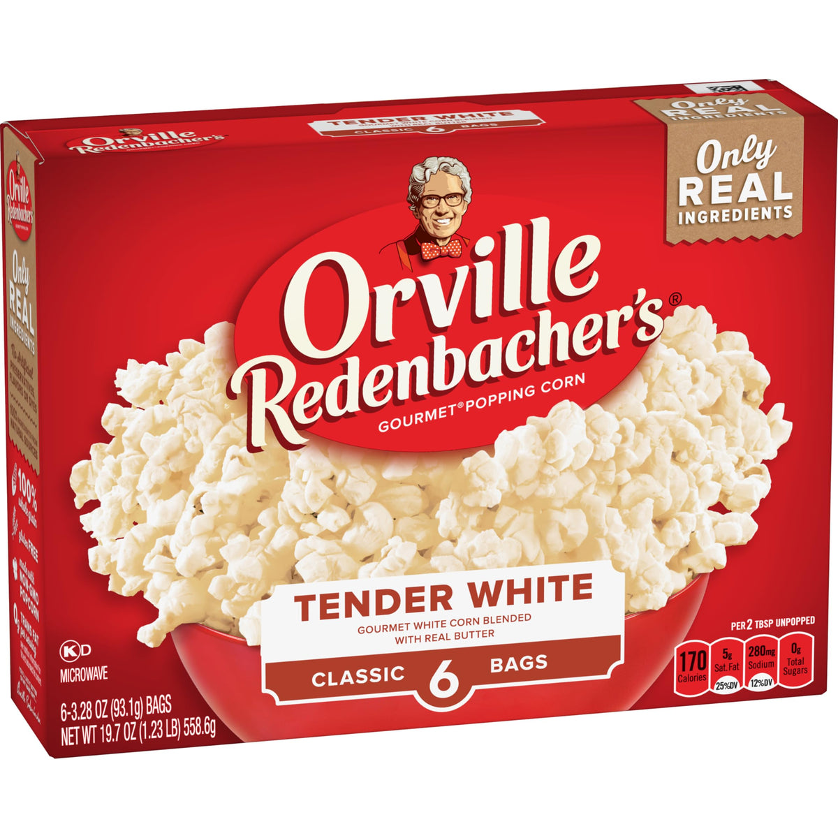 Orville Redenbacher's microwave-popcorn bag-assembly, six-pack for quick family movie nights.