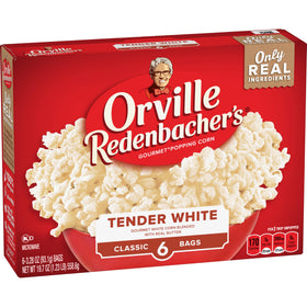 Orville Redenbacher's microwave-popcorn bag-assembly, six-pack for quick family movie nights.
