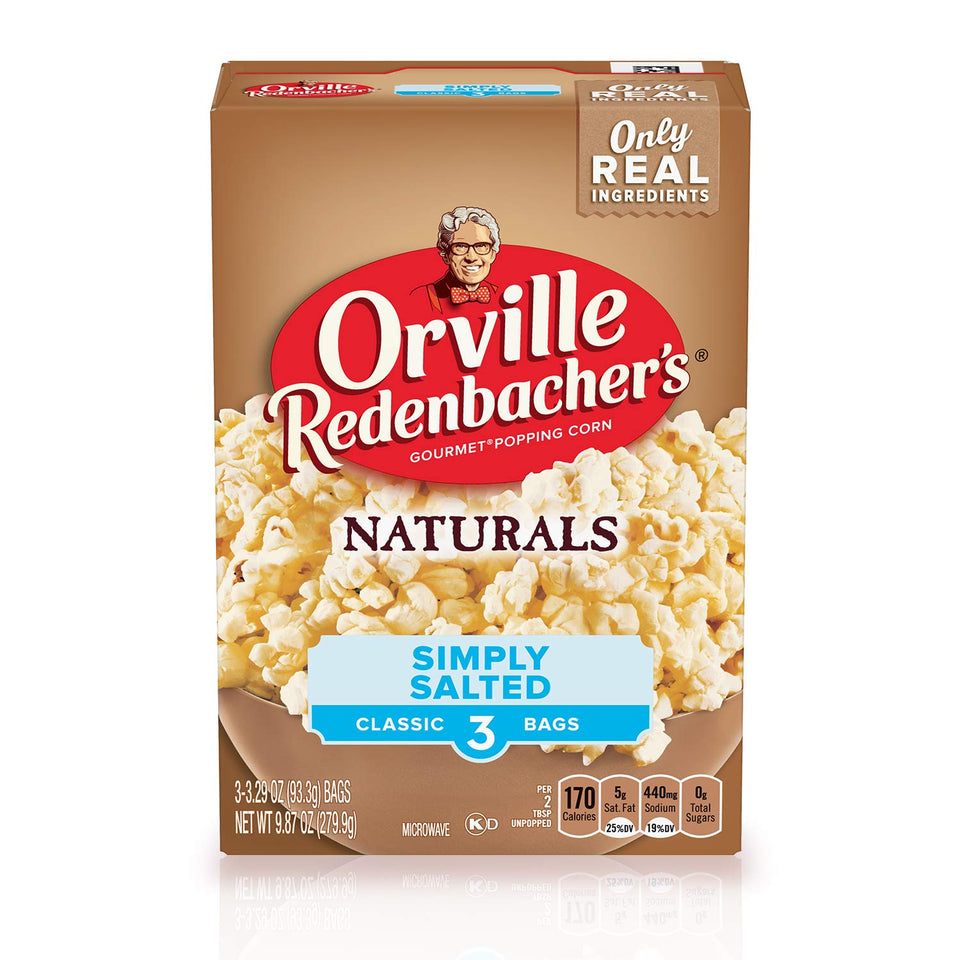 Orville Redenbacher’s Naturals Simply Salted popcorn bag closeup, a gluten-free, simple snack.