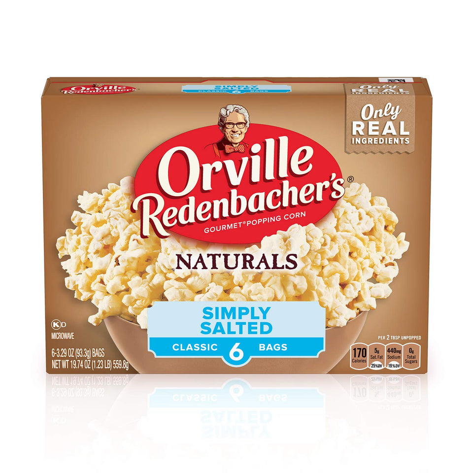 Orville Redenbacher's Naturals Simply Salted popcorn box front, ready for a wholesome movie-night snack.