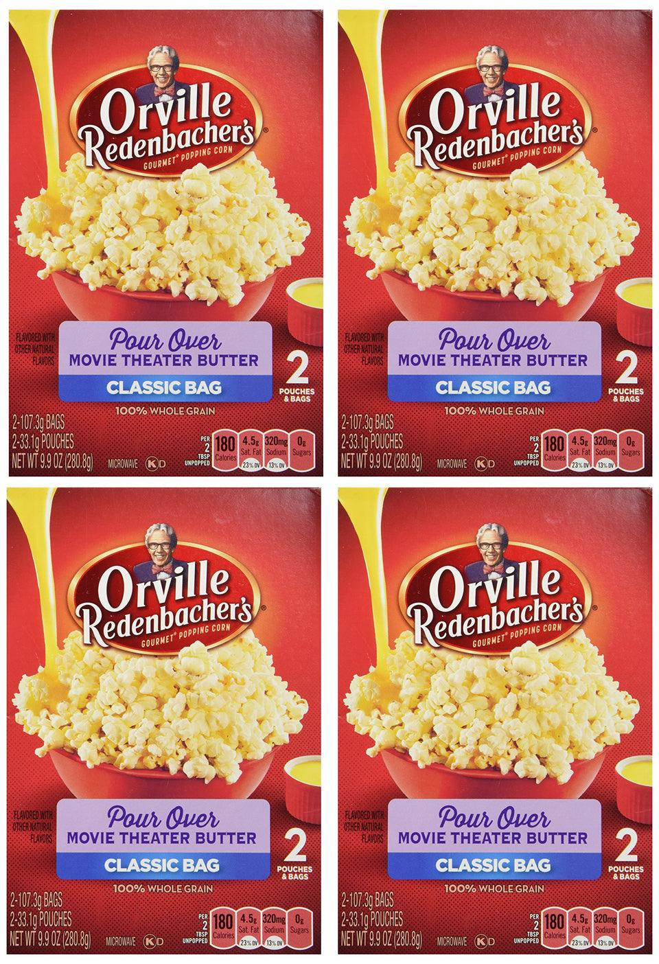 Orville Redenbacher's pour-over popcorn in 9.9oz box—theater butter flavor for home movie nights.