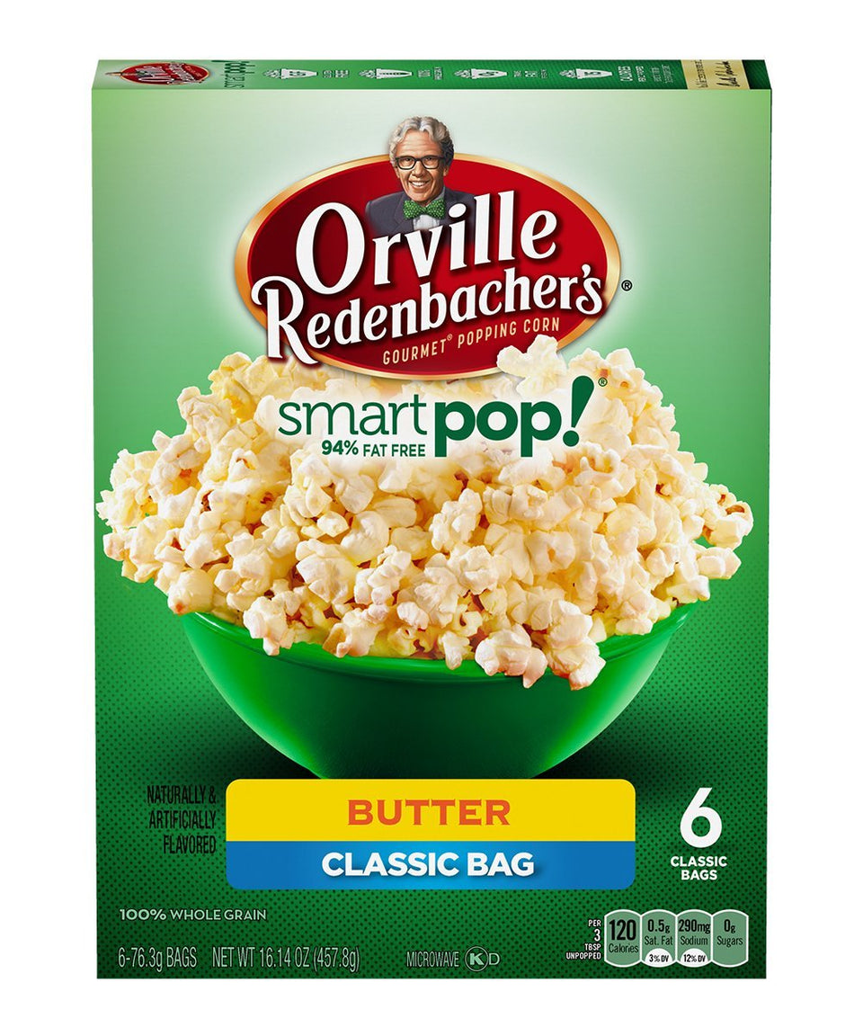 Orville Redenbacher's Smart Pop! Butter Flavored Popcorn packshot, 2-pack boxes, convenient snack for sharing