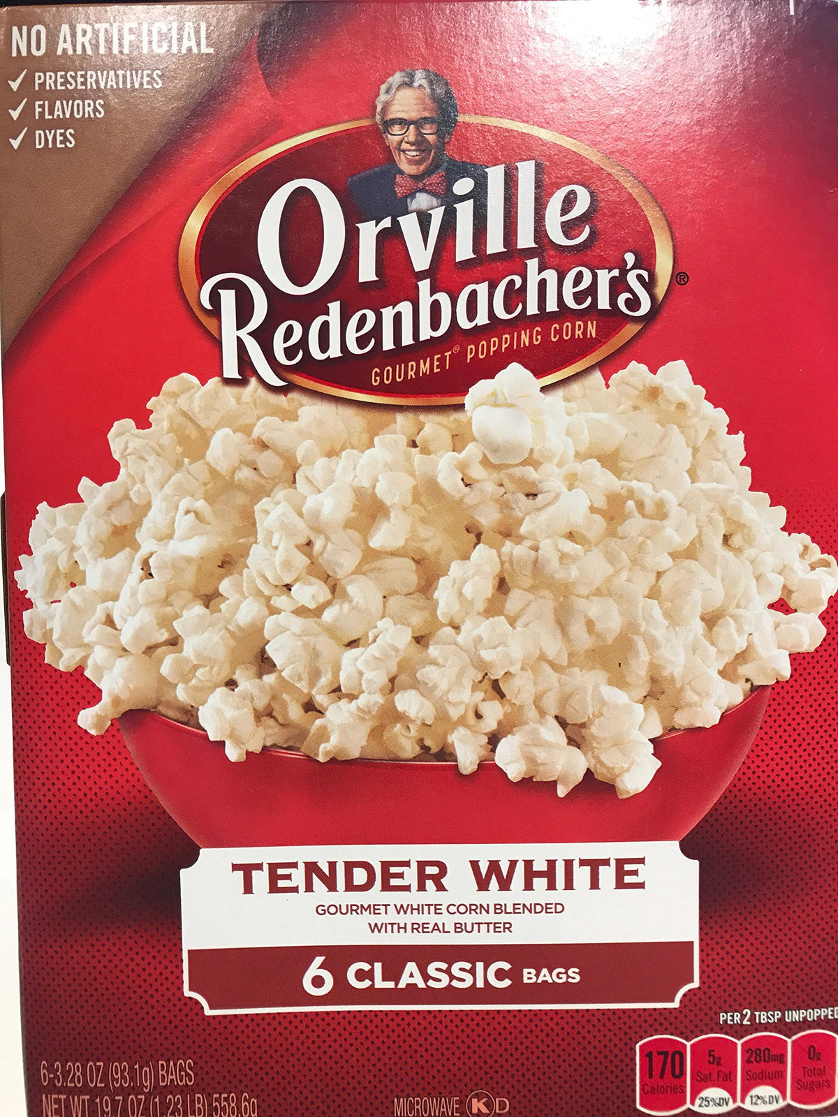 Orville Redenbacher's Tender White Classic bag—gluten-free, non-GMO popcorn for movie nights.