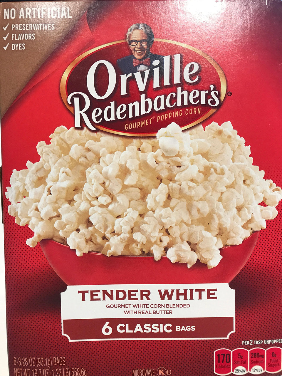 Orville Redenbacher's Tender White Classic bag—gluten-free, non-GMO popcorn for movie nights.
