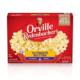 Orville Redenbacher's Ultimate Butter popcorn bag with rich flavor for movie night.