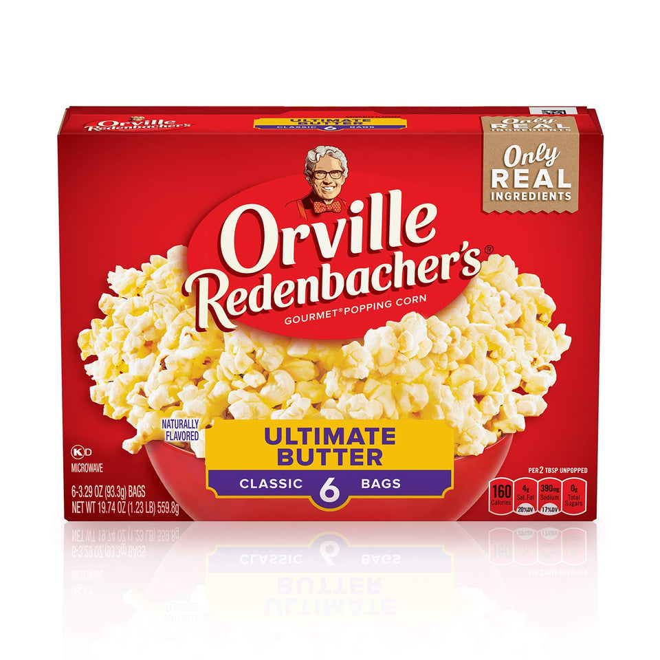 Orville Redenbacher's Ultimate Butter popcorn bag with rich flavor for movie night.