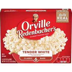 Orville Redenbacher's white corn popcorn bag-front, classic snack ready in minutes.