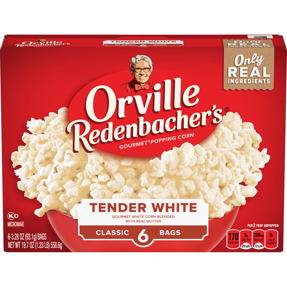 Orville Redenbacher's white corn popcorn bag-front, classic snack ready in minutes.