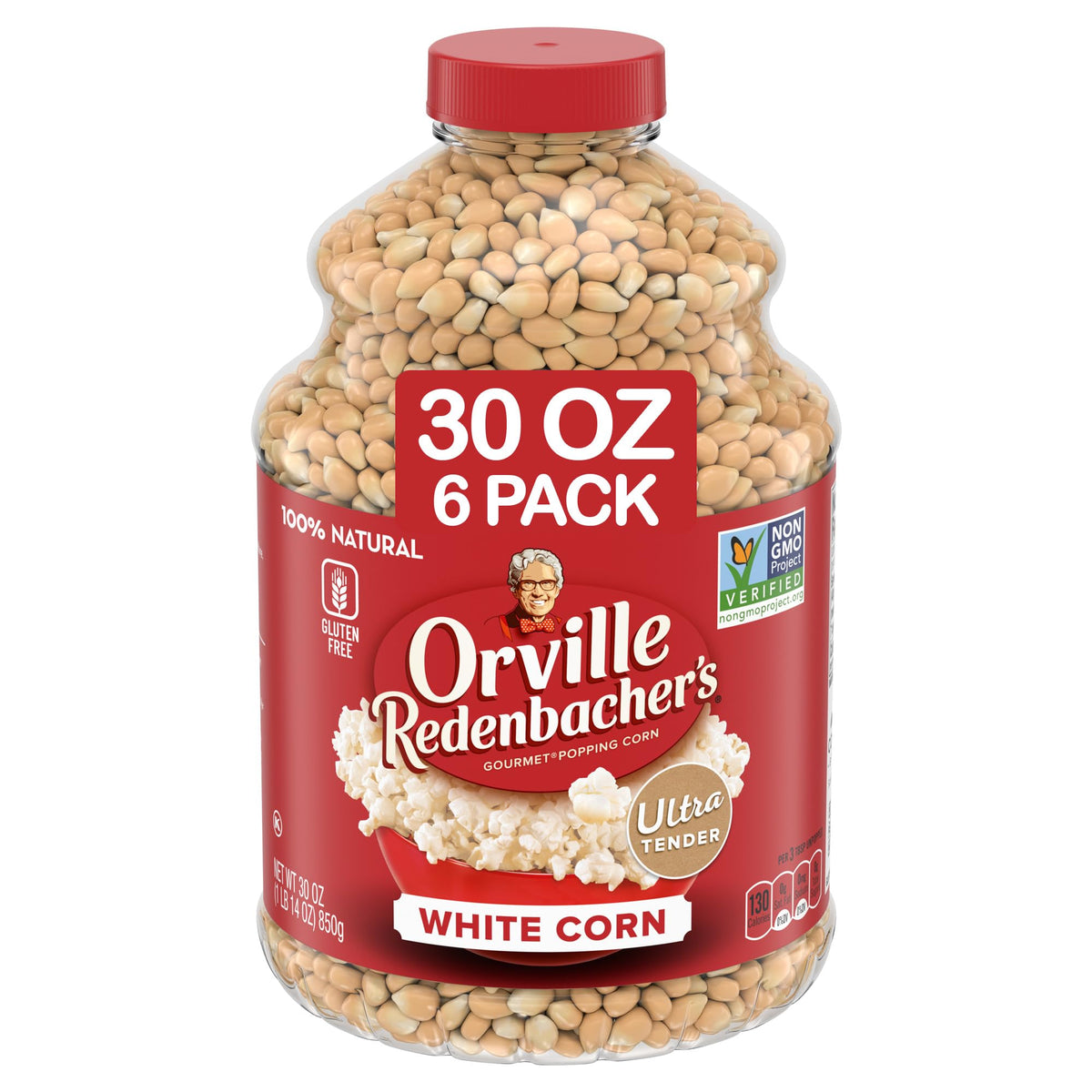 Orville Redenbacher's white popcorn kernels six-pack on display for gluten-free snacking.