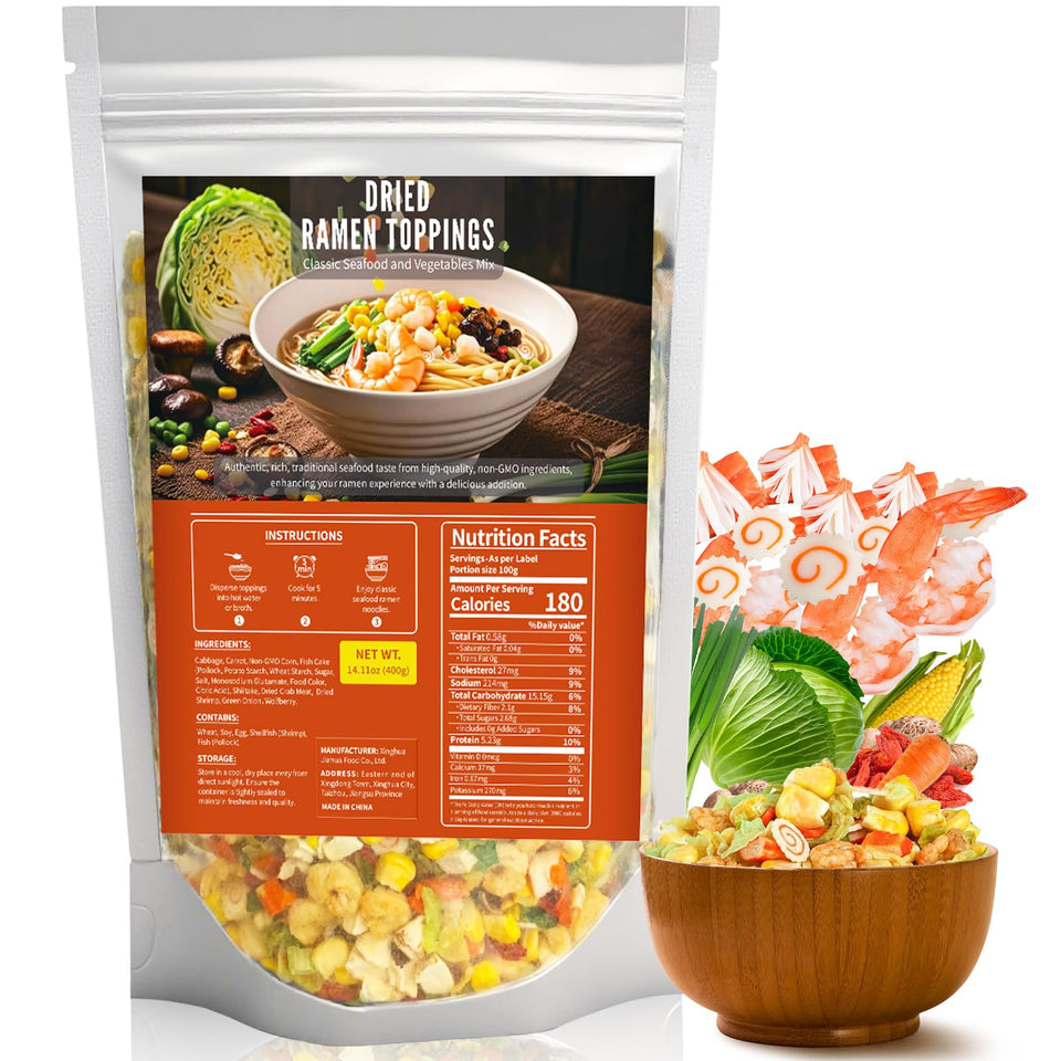Oryvox dried ramen toppings in a resealable bag for long-lasting freshness and ease.