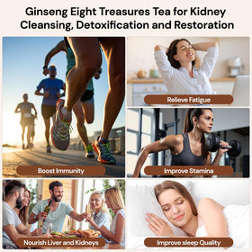 Eight natural ingredients including goji and ginseng viewed up close for clarity.