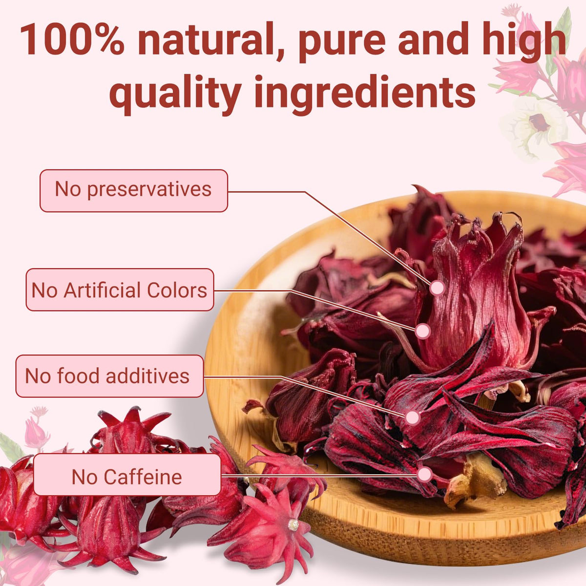 Oryvox hibiscus tea bags closeup highlights 100% natural organic hibiscus flowers.