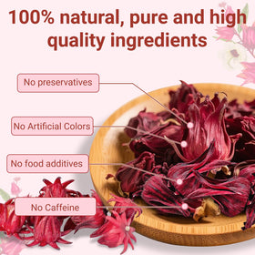 Oryvox hibiscus tea bags closeup highlights 100% natural organic hibiscus flowers.